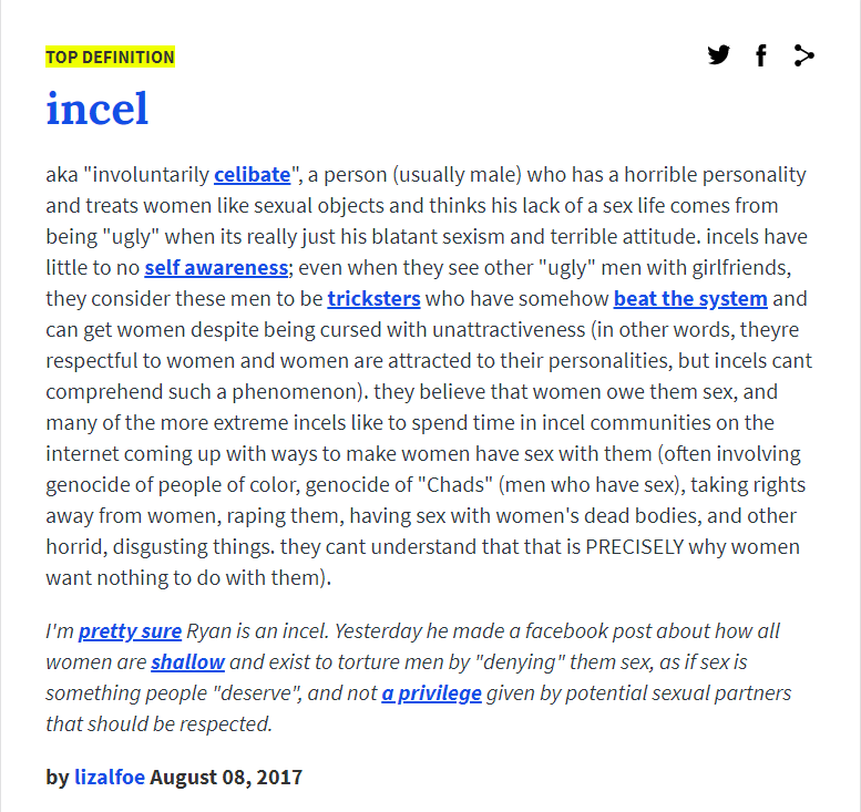 An explanation of the word 'incel' which was used to describe anime fans on a tweet about Uzaki-chan and Abby from The Last of Us