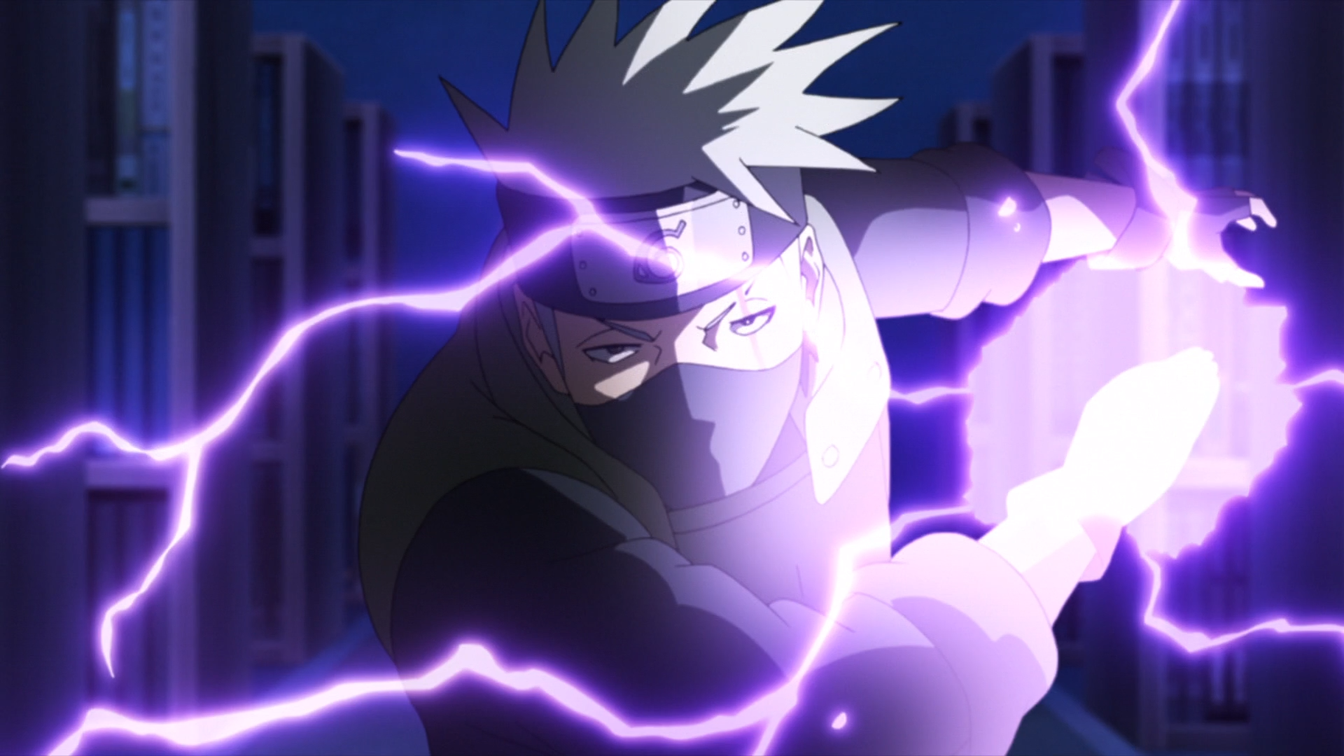 Kakashi rushing forward, his hand enveloped in a stream of purple electricity
