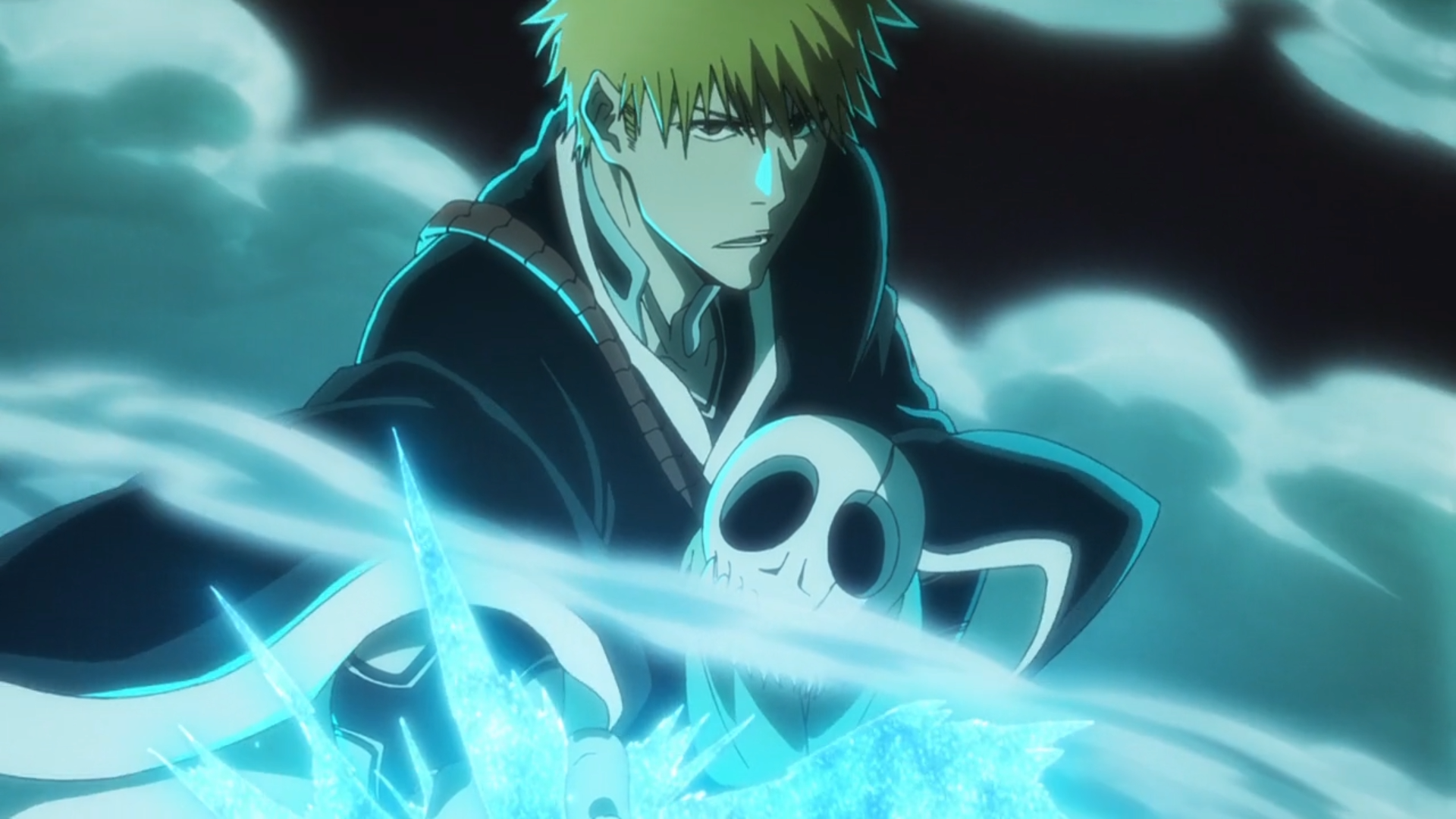 Ichigo, holding Nel, catches a blast of energy while facing the viewer